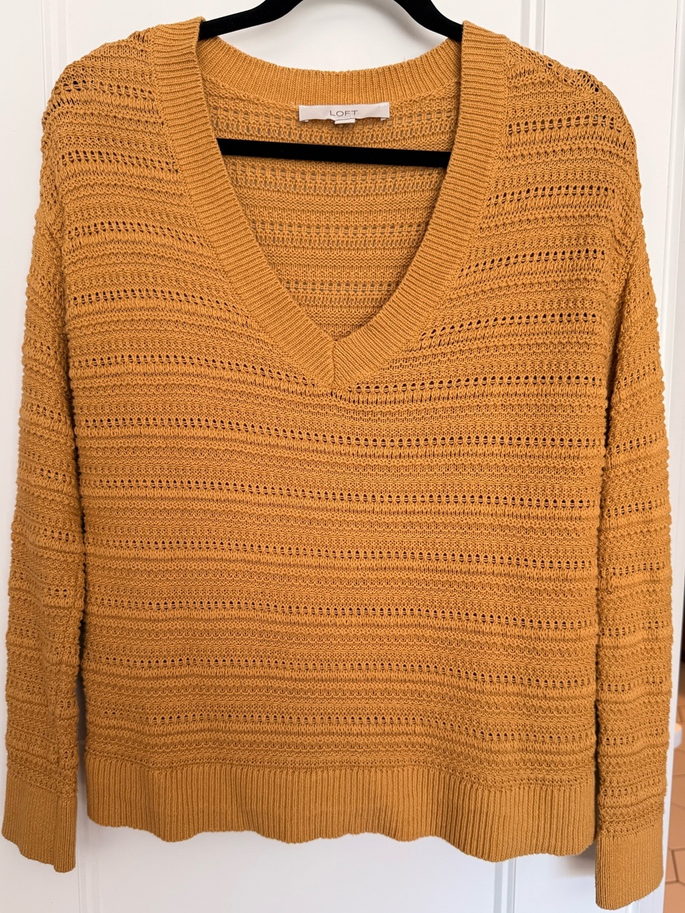 LOFT Mustard Open-Knit V-Neck Sweater